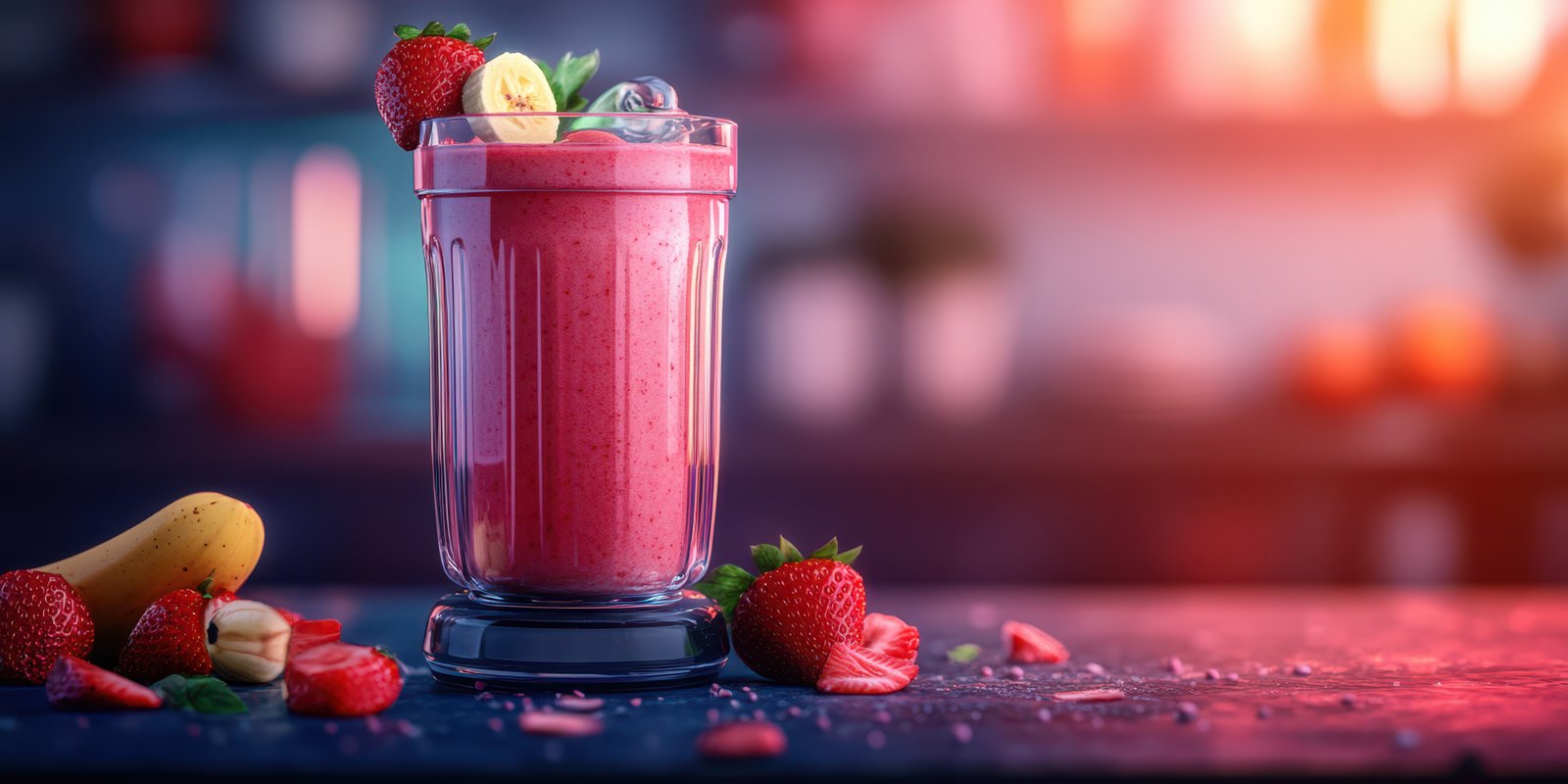 Refreshing pink smoothie with bananas and strawberries in a glass on a dark table